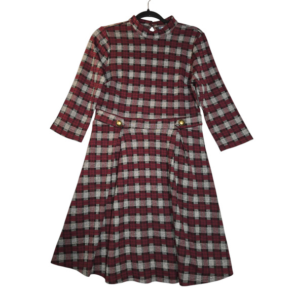Modcloth Dresses & Skirts - NWOT Modcloth Womens Large Fit & Flare Dress Plaid Burgundy Stretch Preppy